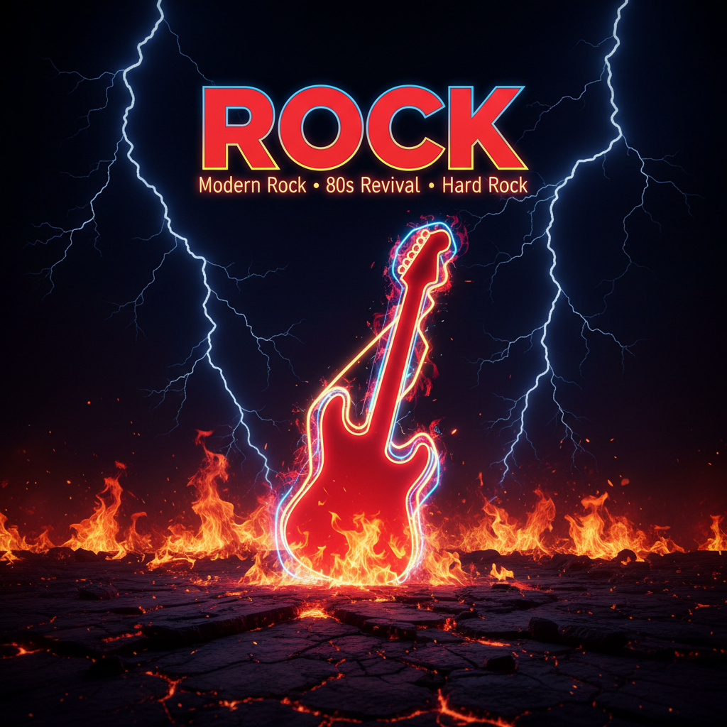 Rock mega playlist cover – modern rock, hard rock and 80s revival energy