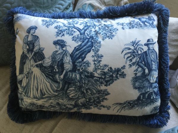 Cavalier Toile pillow in Blue and White