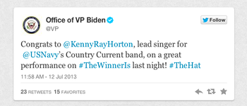The tweet from the Office of the Vice President Joe Biden the day after Kenny Ray's episode of "The Winner Is..." aired!
