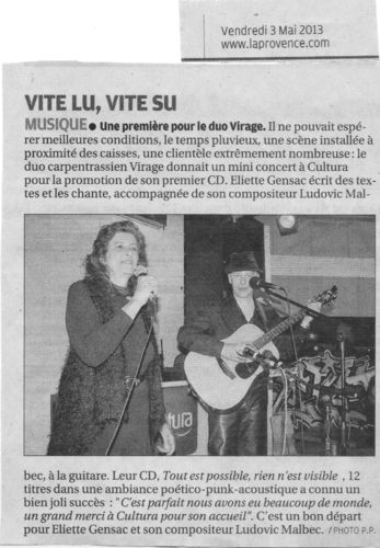 Une première pour le Duo VIRAGE. Journal La Provence, 26 juin 2013.
