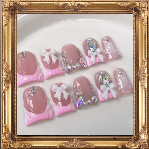 🎀 Sweet Coquette Bling - 10x Custom Handcrafted Reusable Press-On Nails 💖