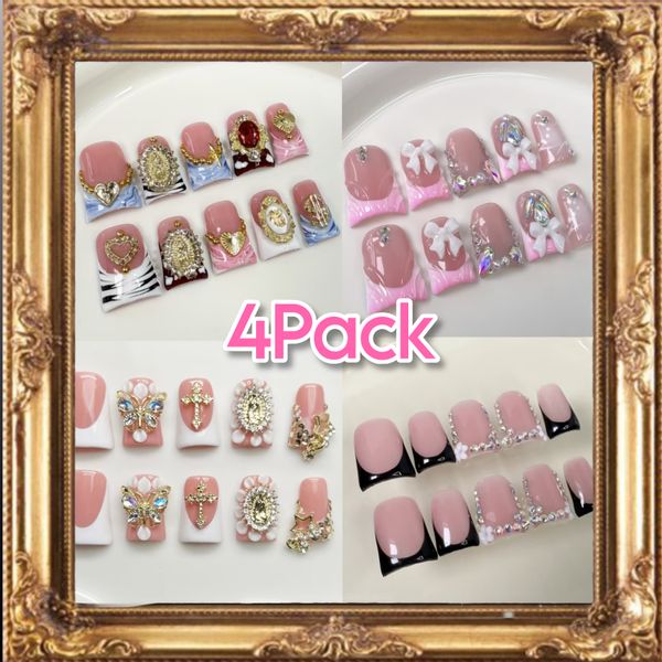 💗🖤🤍⚜️ 4 Pack Glamour Press On Reusable Nails