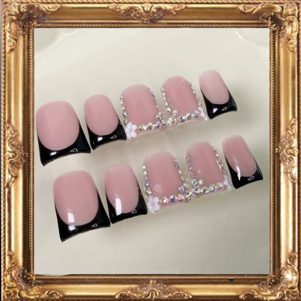 🖤🔥 Black Tie Bling French Tips: 10x Custom Handcrafted Reusable Press-On Nails 💅💎