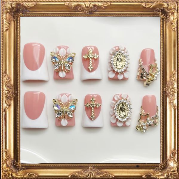 🤍✨ Sacred Bling French Tips: 10x Custom Handcrafted Reusable Nails