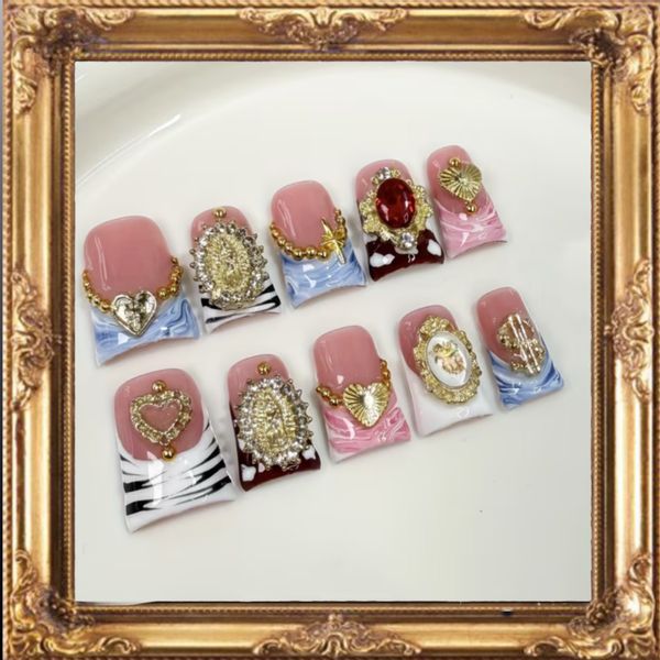 👑 Baroque Heart Glamour: 10x Custom Handcrafted Reusable Press-On Nails 💖🐅