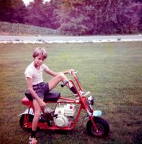Me, Steve Hacker, on my very first "motorcycle", a Gilson 4hp Tecumseh minibike, circa 1975 (9 yrs old)... It was somewhat of a letdown, and not the 1974 Honda XR75 I obsessed over, wanted, begged, pleaded, worked, saved, and bled for, but I took what I could get. I was not even allowed to leave our 1 acre yard with it, and the couple times I dared to, I got in BBBIG trouble for it...