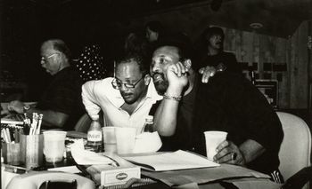 In the studio w-Quincy Jones, Andrae Crouch, Bruce Swedien & Steven Spielberg working on The Color Purple soundtrack
