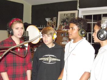 Kids Choir in studio w-Bruce - L to R Emily Lowe, Mike Johnson, Joshua Britt, Mariah Britt
