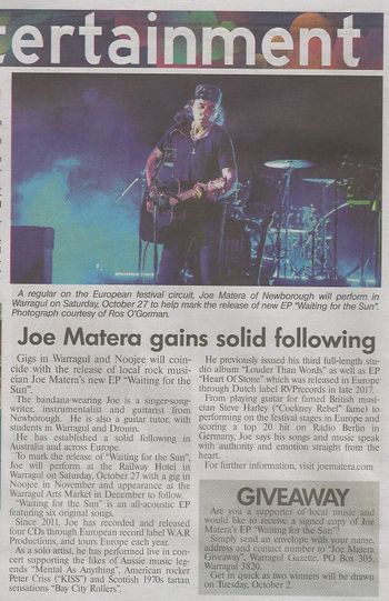 ‘Joe Matera Gains Solid Following’ – The Gazette, Sept 25, 2018 (AUSTRALIA)
