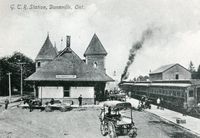A GTR passenger train at the Dunnville station on the former Buffalo & Lake Huron line. Circa 1900.