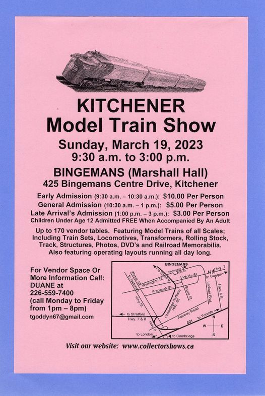 Kitchener Model Train Show Bingemans Marshall Hall Mar 19, 2023, 930AM