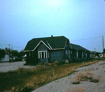 Orillia CNR freight shed, possibly former NRC station - King and Peter Streets 1975 CC
