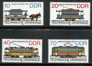 E2725-E2728 1986. Technological Milestones. Dresden horse tram 1886. Leipzig electric tram 1896. Berlin tram 1910. Halle tram 1928
