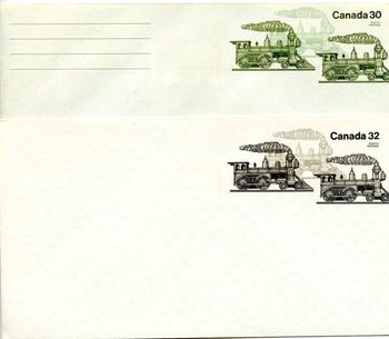 Pre-paid envelopes. The reverse of the envelope advises: Passenger engine No. 93 was operated by the Grand Trunk Railway. The locomotive was built at the Grand Trunk Works in Montreal in 1881. A 4-4-0 type, the engine weighed 4,452 kg (98,000 lb) and had 198 cm (78") driving wheels
