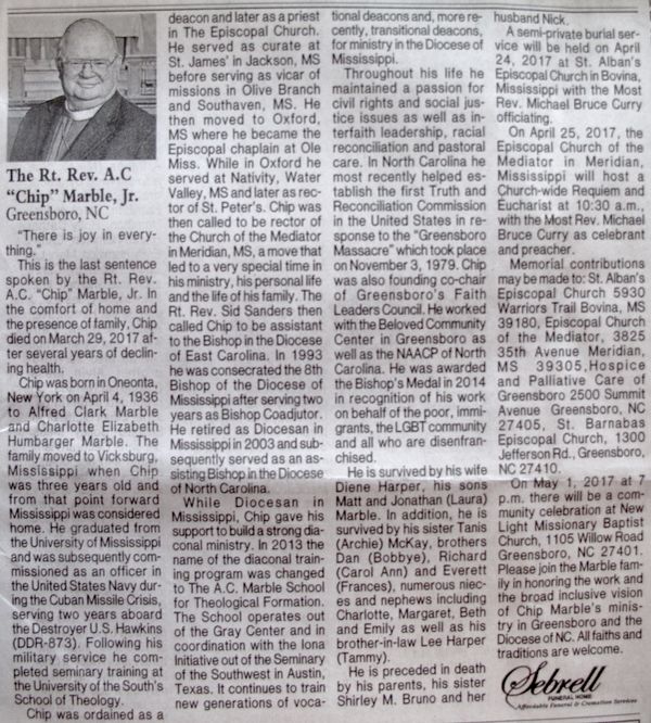 Obituary from the Clarion-Ledger in Jackson, Mississippi