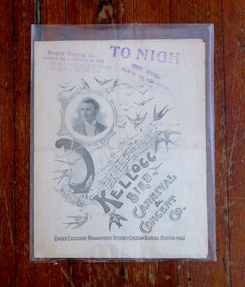 Original promo flyer (1896) • Charles Kellog, "Kellogg Bird Carnival & Concert Co."
