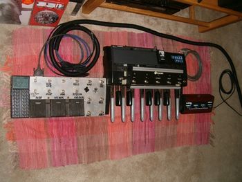 old '07 rig: main pedal board, MIDI pedals, A.S.I.A. control box and subsnake tube

