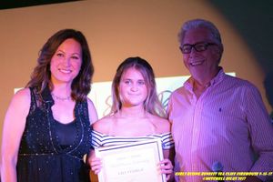 Broadway star Linda Eder and music publisher Peter Primont present Lilli Sturge with the 2018 Girls Rising Sheila Primont Scholarship