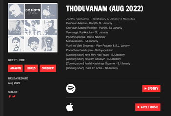In "ThoduVaanam" Album consists of 12 tracks, additional Topline Melody for         all 11 tracks, Singer for 10 tracks & some of the tracks Music Produced by S. J. Jananiy.
