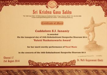 Voletti Venkateswarlu Endowment Award from Sri Krishna Gana Sabha for meritworthy performance of vocal music-2.8.2014
