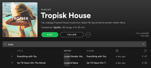 Alex Alexander & Lucas Estrada is placed NR 1 on one of Spotify Sweden's biggest House lists ''Tropisk House'' with Single ''Everything With You''
