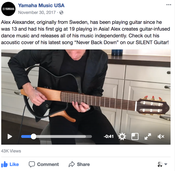 Yamaha Music USA feature Alex Alexander with an acoustic version of newest single ''Never Back Down'' On Facebook page with Over 400,000 followers.