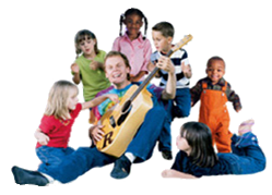 RONNO playing a guitar while sitting with a group of children