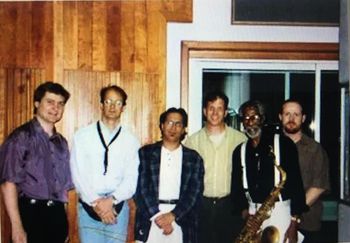 Joe Henderson Big Band recording session with Tim Ries, Charles Pillow, Gary Smulyan, Dick Oatts, and Joe Henderson
