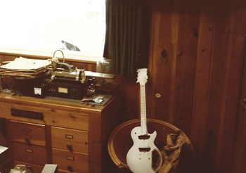 Editing Room.  Note disk lathe and prototype body of a Gibson Recording Guitar.
