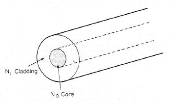 Shows fiber core (light tranmission) and surrounding cladding
