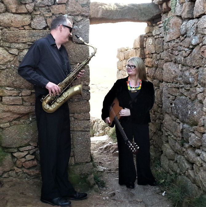 saxophone and guitar duo at Grosnez Castle in Jersey