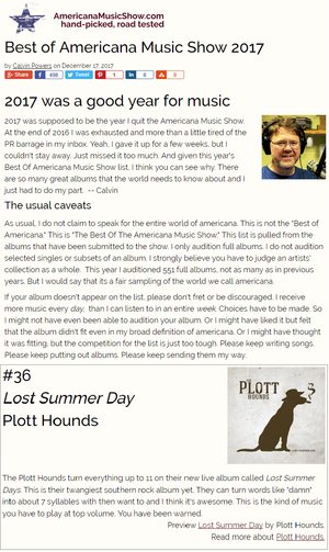 The Americana Music Show features The Plott Hounds as one of the best 40 Americana albums of 2017.