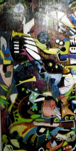 "Crocodile swimmers and a baseball team. Octopi wisdom and a soap opera dream team" 36" X 72" mixed media $2600.00
