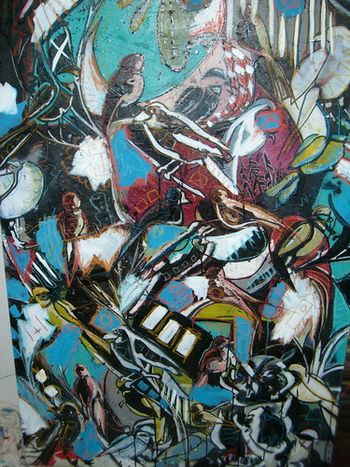 birds on a wire. No, birds in a fire. No, their just birds on a tree. Love you. 36" X 54" mixed media
