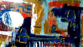 We could be good friends. You have a ton of arms and I have a ton of thoughts. Whaddya think? 24" X 54". mixed media.
