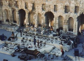 Photo I took from the top of the Acropolis theater as we were getting ready for the show right before the audience was let in (Yanni: Live at the Acropolis CD).  My keyboard setup is on the right. I believe that is my keyboard tech Peter Mayer reaching in to adjust something
