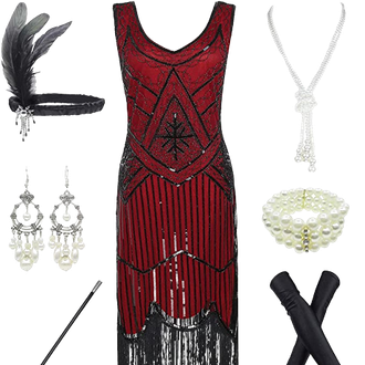 1920s Gatsby Sequin Fringed Paisley Flapper Dress with 20s Accessories Set