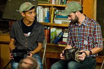 Dueling concertinas at campers concert at Trad Mad, Pinewoods, Plymouth, MA.  September 1, 2016. Photo by Pat O'Loughlin.
