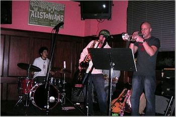 Left to Right: Akira Nakamura , Me, and Mark Erickson at a Revibe gig (Ryan Harris' knee behind the music stand)
