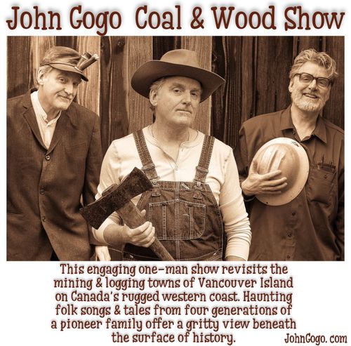John Gogo in character as (left to right) his great-grandfather John Gogo Sr., grandpa  John Gogo Jr. & dad John ‘Ken’ Gogo, in his ‘John Gogo Coal & Wood Show’.