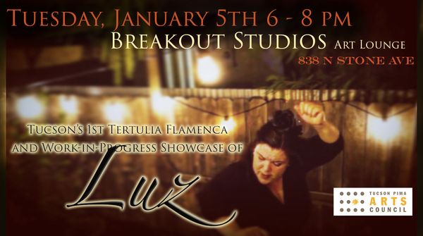 The first of several events for Luz!!!! 
Tucson, AZ 
TUESDAY, JAN. 5 at BreakOut Studios 
To:
1) CELEBRATE the close of our Hatchfund campaign, 
2) PRESENT a “work-in-progress” showcase of Luz choreography, 
3) PREMIERE Tucson’s first “Tertulia Flamenca” This event will be my way of sharing the work of Luz with the Tucson Community – through both presentation and conversation. And, there will be wine! Attend and celebrate with us! To contribute to this special project, please visit http://www.hatchfund.org/project/luz
