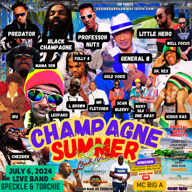 Champagne Summer, Ocho Rios, Jamaica, reggae music event, reggae concert, July 6th, Club Ville, Margaritaville at Night, Black Champagne, Professor Nuts, Little Hero, Predator, General B