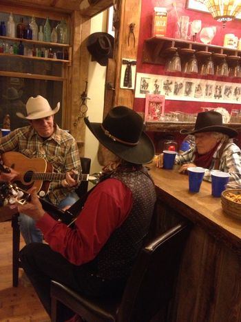 Andy Hedges, Michael Martin Murphey & Ramblin' Jack Elliott at Waddie Mitchell's "after Elko" jam.
