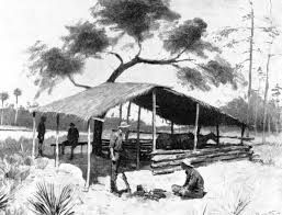 Drawing by artist Frederic Remington of a Cow Hunter primitive multi use barn. Used for cattle, hogs, and horses.
