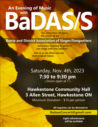 An Evening of Music with BaDAS/S (Barrie and District Association of Singer/Songwriters)