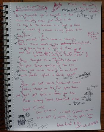The scribbles from my song book, with initial words and little images I imagined might work.
