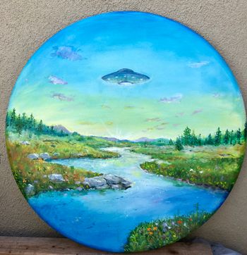 “Descent”  36” wide oil on round canvas $700.
