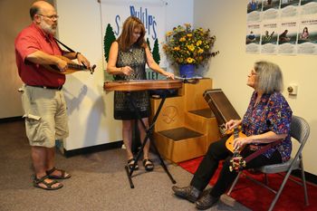 Steve Eulberg, Laura Devine and Joellen playing for folks attending the screening of the Hearts of the Dulcimer Documentary in Santa Cruz, 2014
