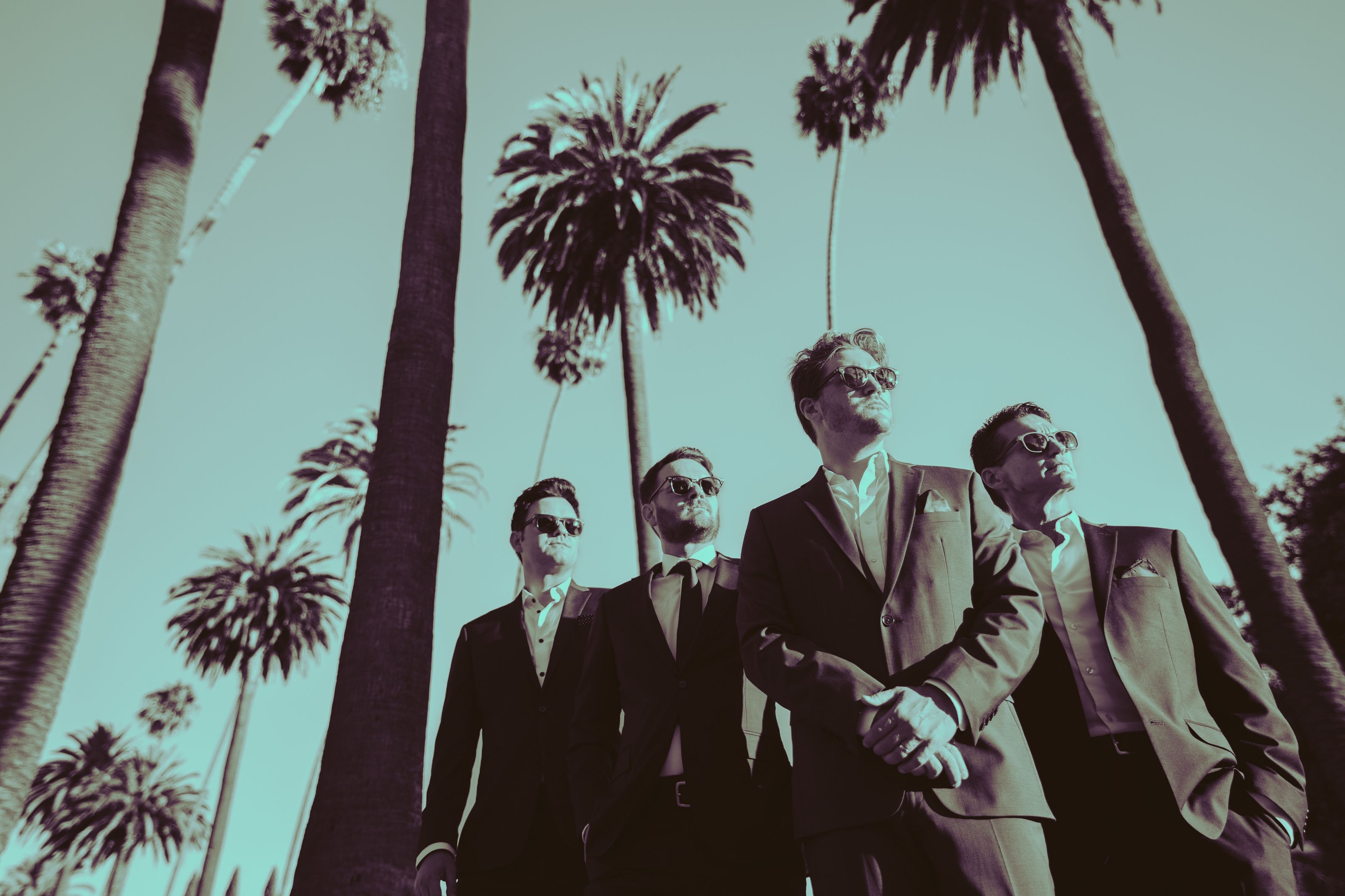 Image of The Modern Gentlemen wearing suits and sunglasses with palm trees in the background