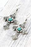 Silvertone turquoise flower etched cross earrings